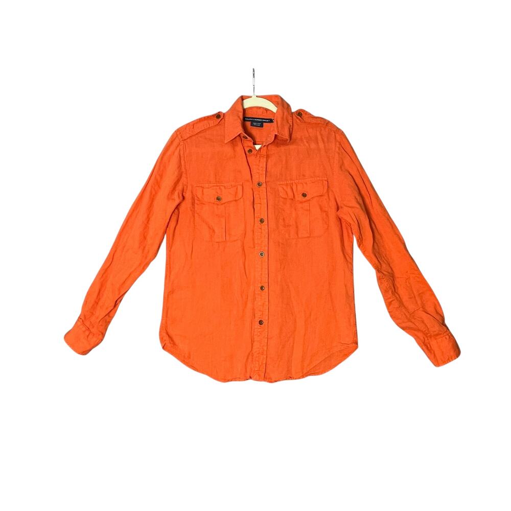 Ralph Lauren Sport Y2K‎ Vintage 100% Linen Bright Orange Button Up Shirt SIze 8
